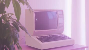 An old computer sitting on a table next to a plant photo