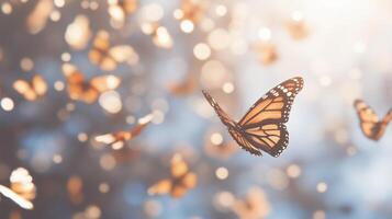 Butterflies flying in the air with sunlight shining on them photo