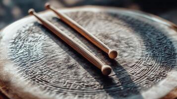 Two wooden sticks on a drum with a pattern photo