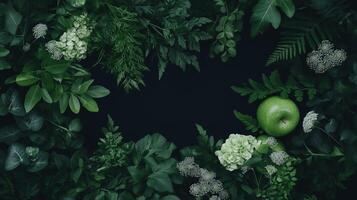 Green leaves and flowers on a black background photo