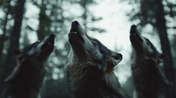 A pack of wolves howling in unison photo