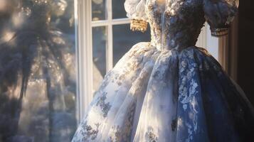 A wedding dress is displayed in front of a window photo