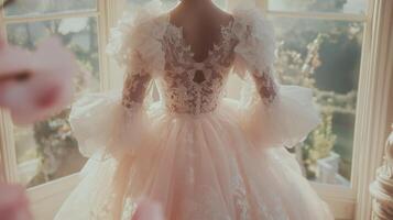 A woman in a wedding dress standing in front of a window photo