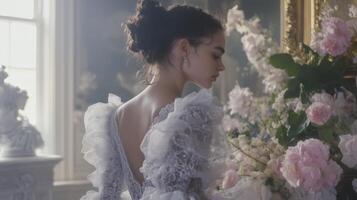 A woman in a wedding dress looking at a bouquet of flowers photo