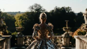 A woman in a gold dress standing on a bridge photo