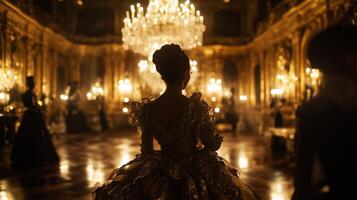 The lady in the golden dress is standing in the middle of the room photo