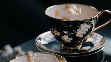 A black and gold tea cup and saucer photo