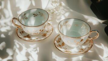 Two white and gold teacups with floral designs photo