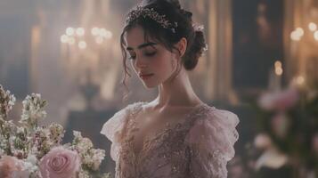 The beautiful woman is looking at her flowers photo