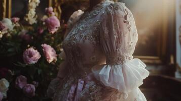 A woman in a wedding dress is standing in front of flowers photo