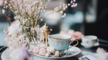 A cup of tea and flowers on a table photo