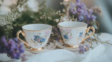 Two cups with gold trim sitting on a bed of flowers photo