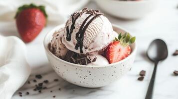 A bowl of ice cream with chocolate and strawberries photo