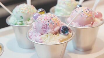 A row of ice cream cups with colorful sprinkles photo