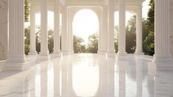 A white marble walkway with columns and trees photo