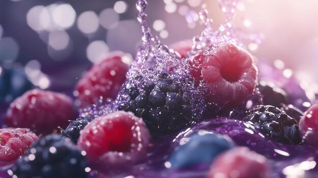 A close up of raspberries and blueberries being splashed with water photo