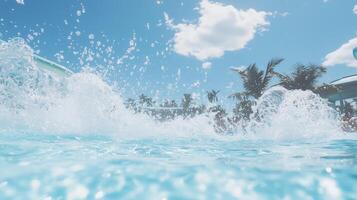A water slide is seen in the background of a blue sky photo