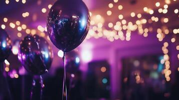 A group of balloons in front of a party photo