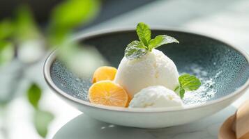 A bowl of ice cream with a slice of orange photo