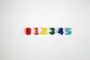 Multicolored numbers lie in a row on a white table. School learning concept photo