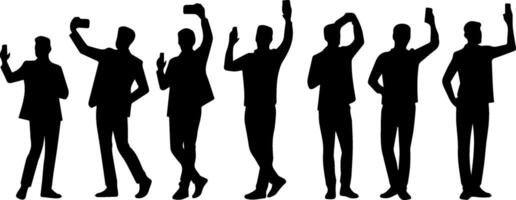 Silhouettes of people standing in a line with their hands up vector