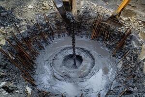 Excavator pouring concrete into foundation with rebar reinforcement at construct photo