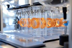 Copper wire coils being processed in automated production line photo