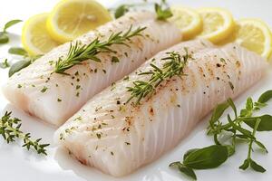 Fresh white fish fillets seasoned with herbs and lemon slices photo