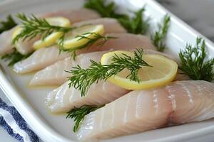 Fresh white fish fillets seasoning with lemon and dill photo