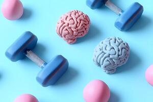 Brains and dumbbells representing mental training and exercise photo
