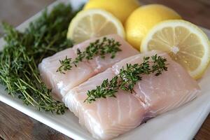 Fresh white fish fillets with thyme and lemon slices ready for cooking photo