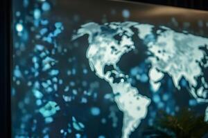 World map display global connections and data flow in blurred office environment photo