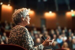 Senior professor giving a lecture to a large audience in university auditorium photo