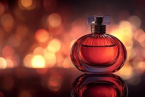 Elegant perfume bottle reflecting on surface with warm bokeh background photo