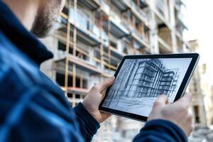 Architect using tablet showing 3d model of building under construction photo