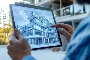 Architect using digital tablet showing modern building design photo