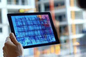 Architect checking building wireframe on digital tablet at construction site photo
