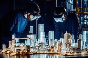Architects using vr headsets working with virtual model of a city at night photo