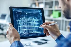 Architect designing using cad software on tablet in office photo