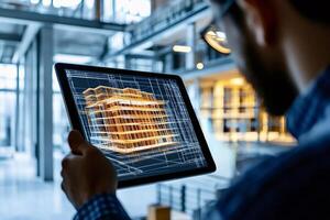 Architect using digital tablet showing 3d model of a building project photo