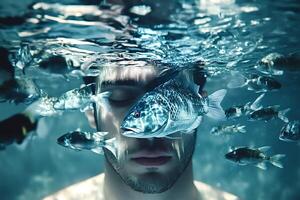 Man meditating underwater with fish swimming around him photo