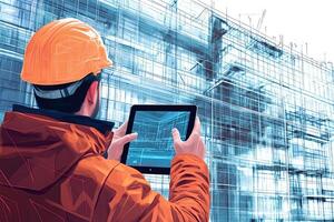 Architect using digital tablet analyzing building construction project photo