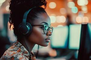 Focused black female programmer working late at night on computer code photo