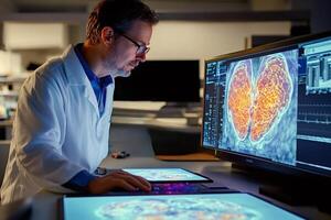 Medical doctor analyzing brain scan on computer in laboratory setting photo
