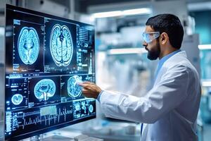 Medical scientist working with brain scans on a digital display in modern lab photo