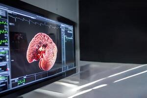 Modern medical monitor displaying rotating 3d brain scan and data analysis chart photo