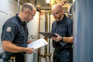 Technicians inspecting water heater and discussing maintenance checklist boiler photo