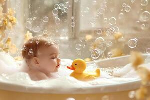 Baby taking a relaxing bath with rubber duck and soap bubbles photo