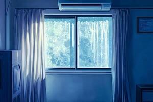 Sunlight entering room through frosted window on cold winter day photo