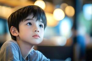 Little boy looking up with hope and wonder in restaurant photo
